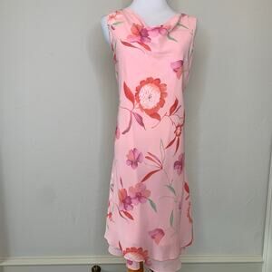 Vintage Pink Draped Cowl Neck Floral Midi Dress Sz Medium